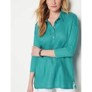 J. Jill Love Linen Tunic is a teal 100% linen button-down top